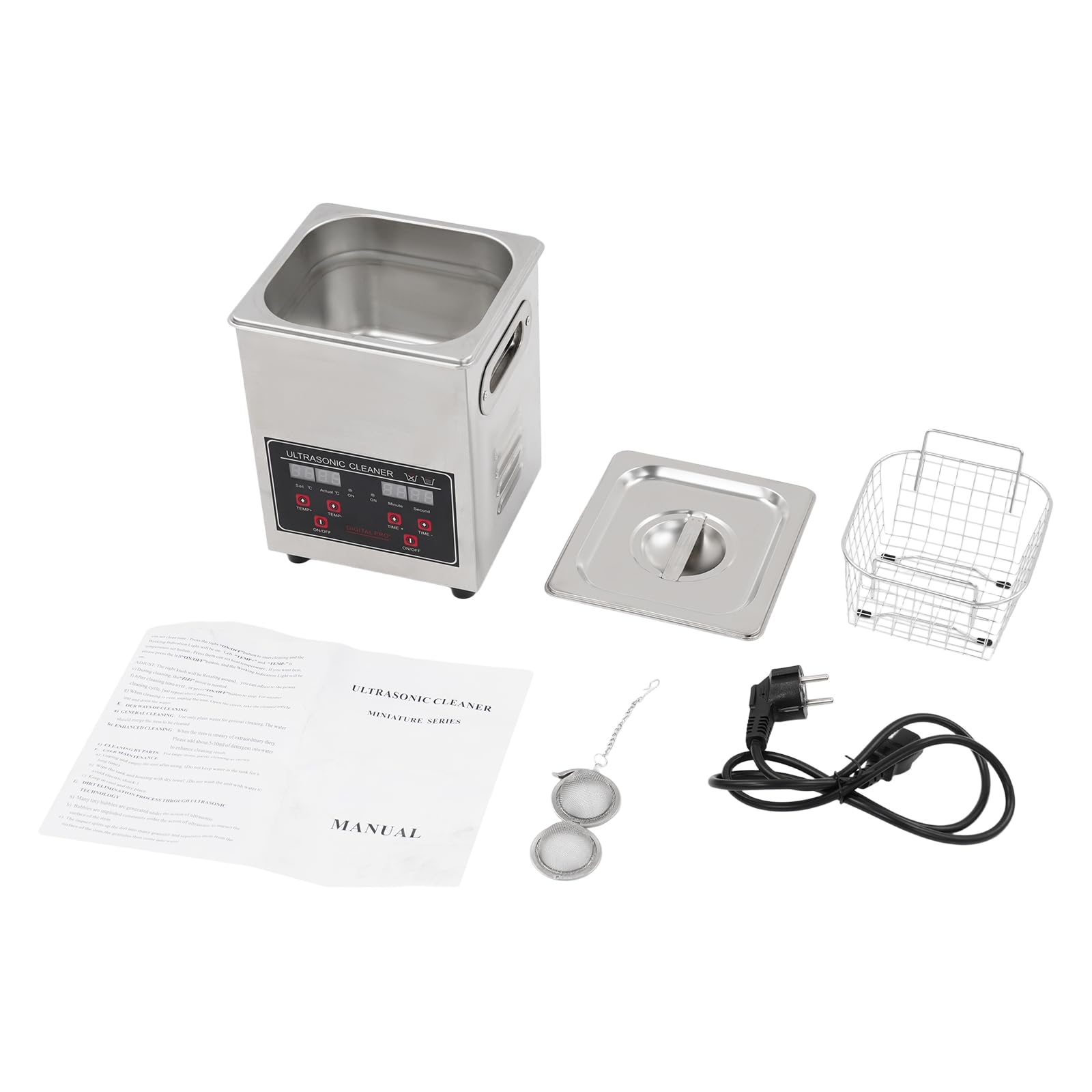 Pulitore a ultrasuoni, 40 kHz, 2 l, in acciaio inox, con riscaldamento e
