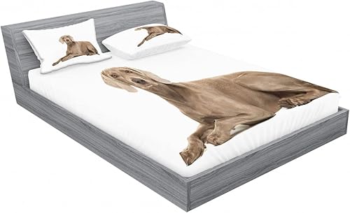 Miniatura 2 de Ambesonne Weimaraner Fitted Sheet & Pillow Sham Set, Brown Ghost Hunting Dog Animal Breed Pedigree Silhouette on Plain Backdrop, Decorative Printed