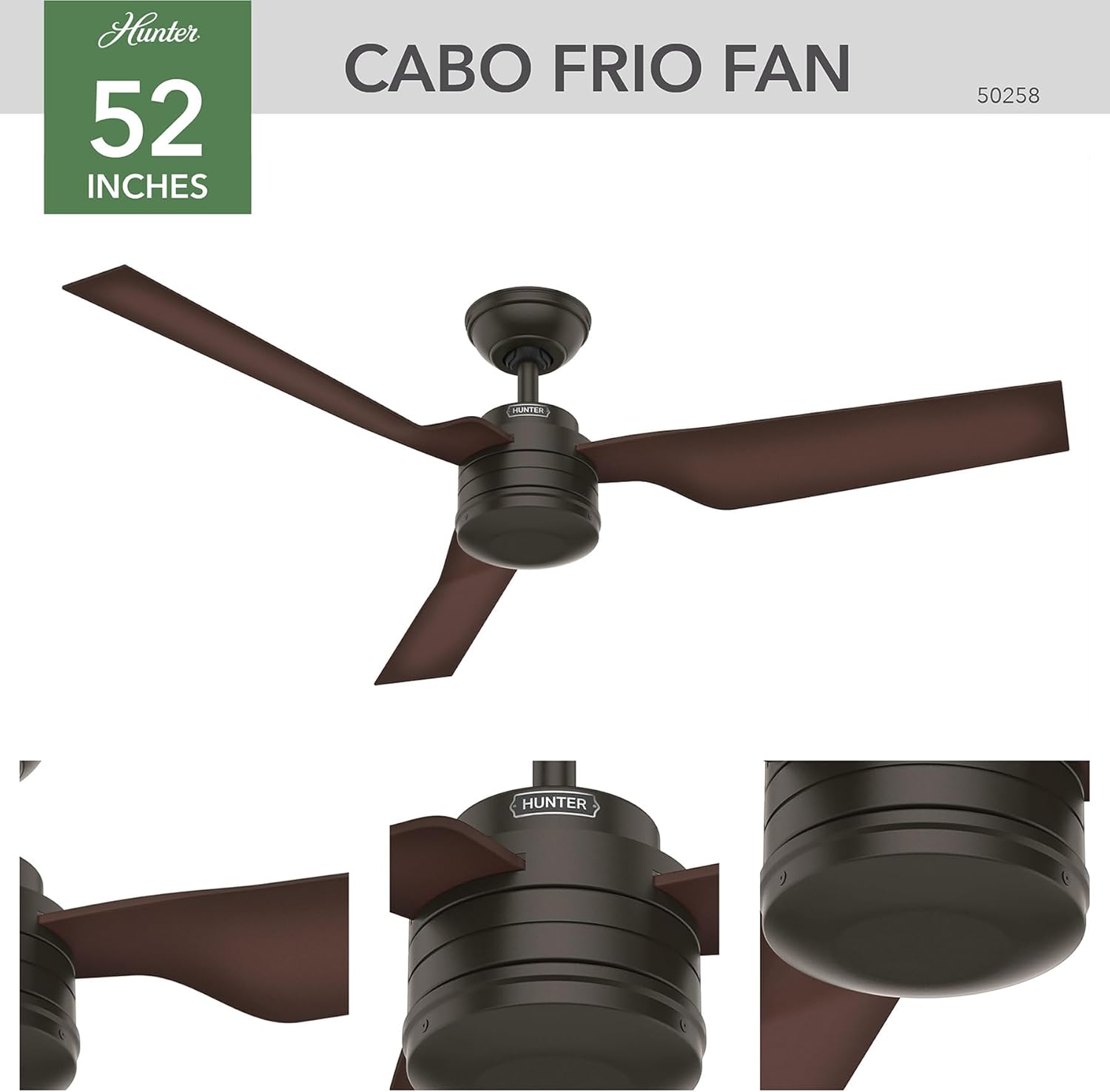 Hunter 52 inch Outdoor or Indoor Ceiling Fan No Light - Ceiling Fan without Light, For Patio, Porch, Garage, or Living Room, Standard Mount, 3 Blades, Wall Control - Cabo Frio 50258, New Bronze
