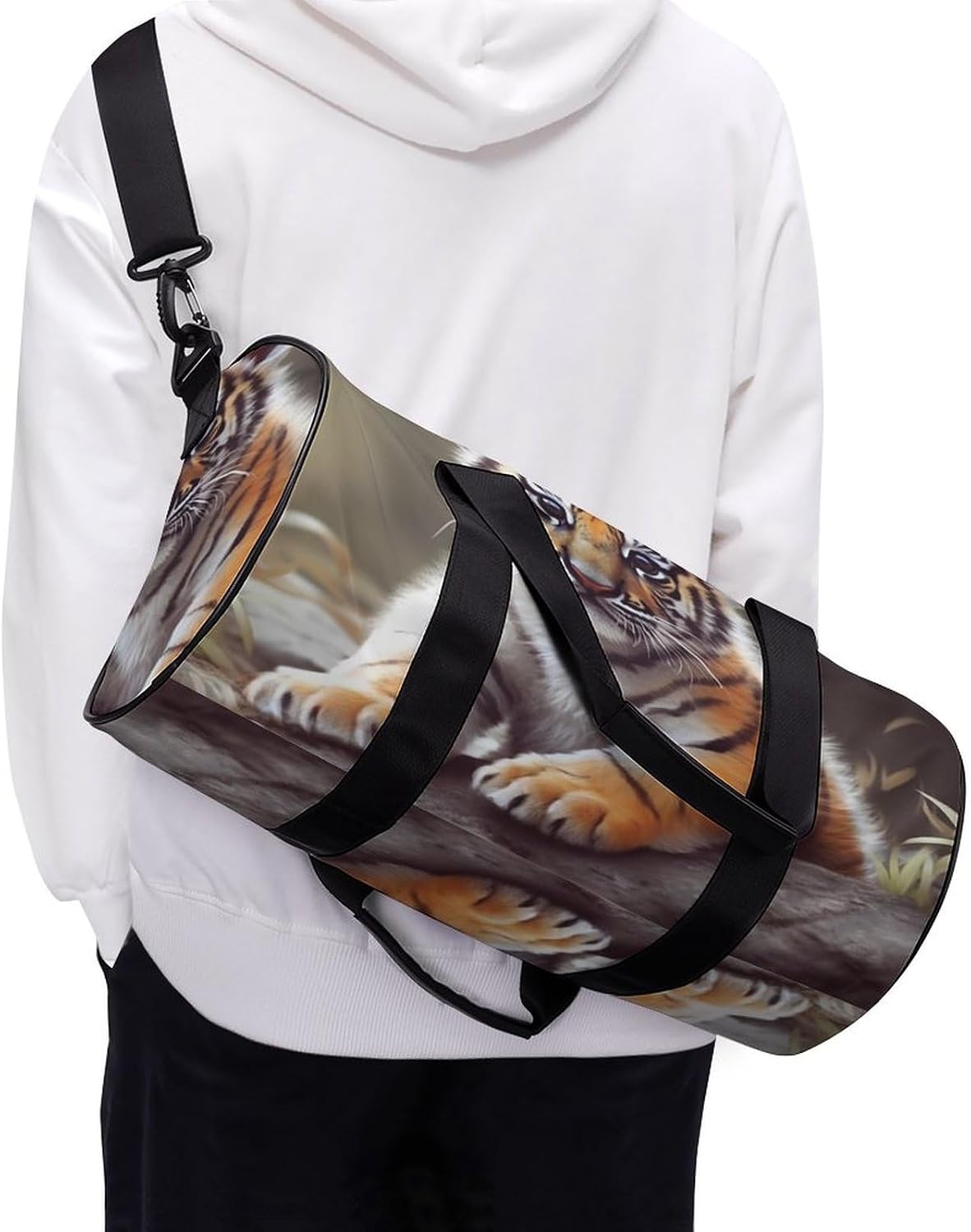 Aesthetic Sports Bag for Women Cute Tiger Printed Duffle Travel Bag for Men Women Mini Workout Bags Cylindrical Gym Bag