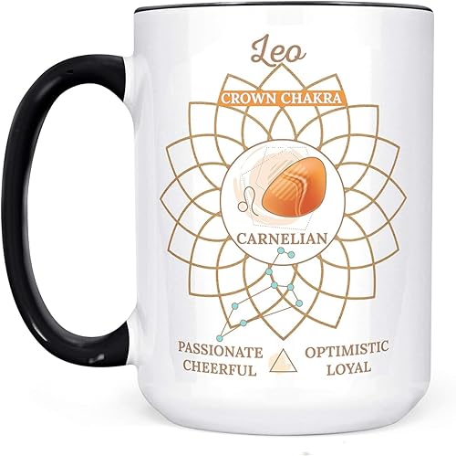 Leo Traits - Taza de café con signo del zodiaco, corona de cristal de cornalina, chakra, taza de cerámica personalizada para horóscopo, apta para