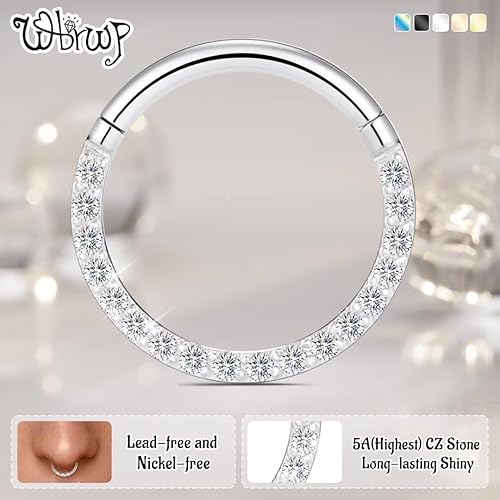 Miniatura 2 de WBRWP Piercing de acero inoxidable 316L con bisagras, aro para la nariz con circonitaópalo 14G 16G 18G 20g Anillo de perforación corporal Segmento