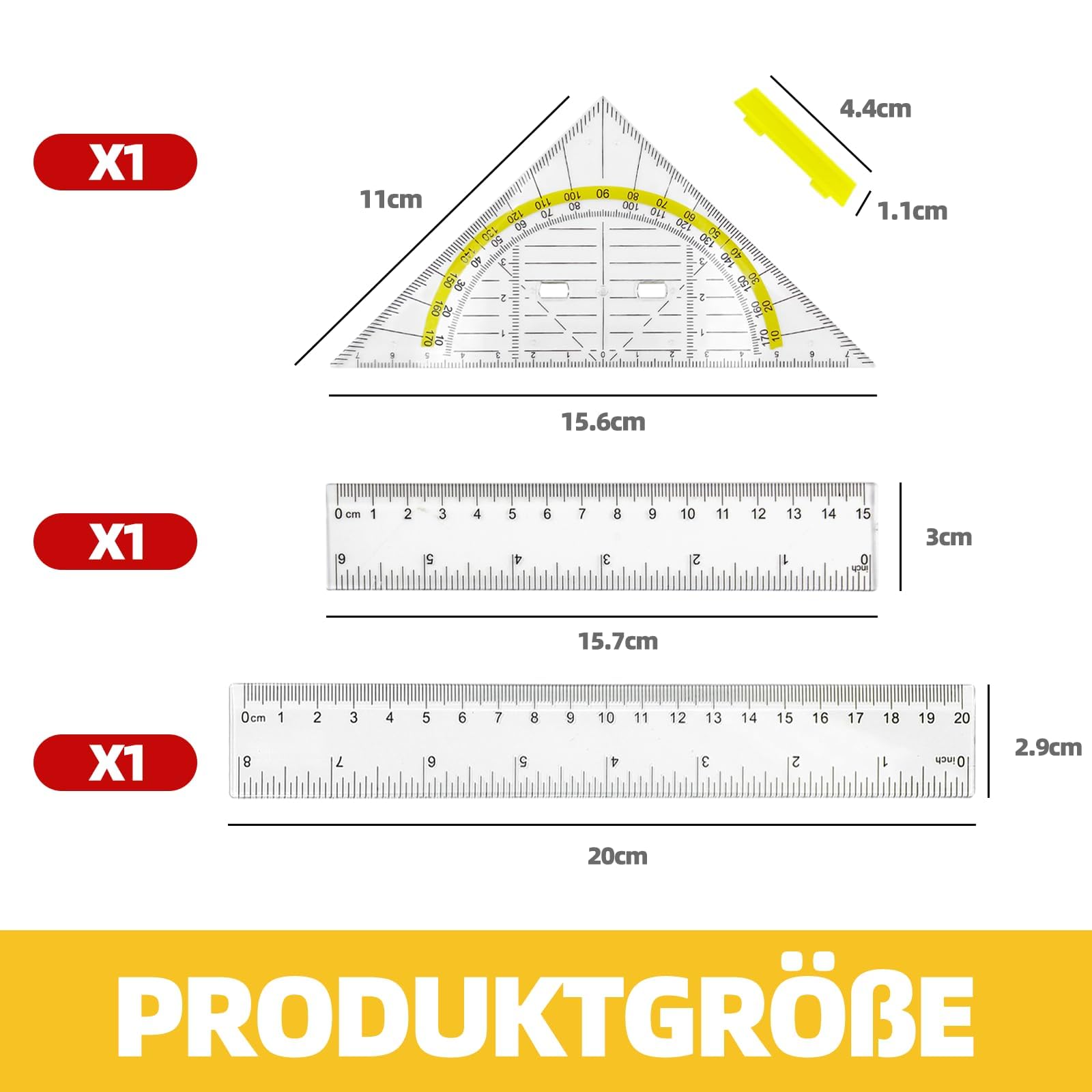 1 x ekierka 2 x linijka – 3-częściowy zestaw do rysowania, linijka 15 i 20 cm, ekierka [zawiera kątomierz] z uchwytem, idealna do rysowania, kartografowania, modelowania