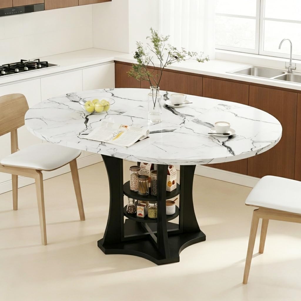 Extendable Dining Table 43"-59" for 4-6, White Faux Marble Round Kitchen Dining Room Table with 2 Tier Storage Shelves, Expandable Round to Oval Dinner Table with Storage for Kitchen Living Room