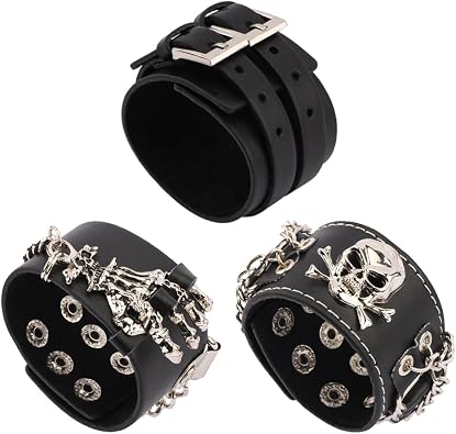 Punk Bracelets Leather Bracelet Gothic Studded Biker Metal Skull Bracelets Cuff Bracelet Set for Men Women,Black 3Pcs