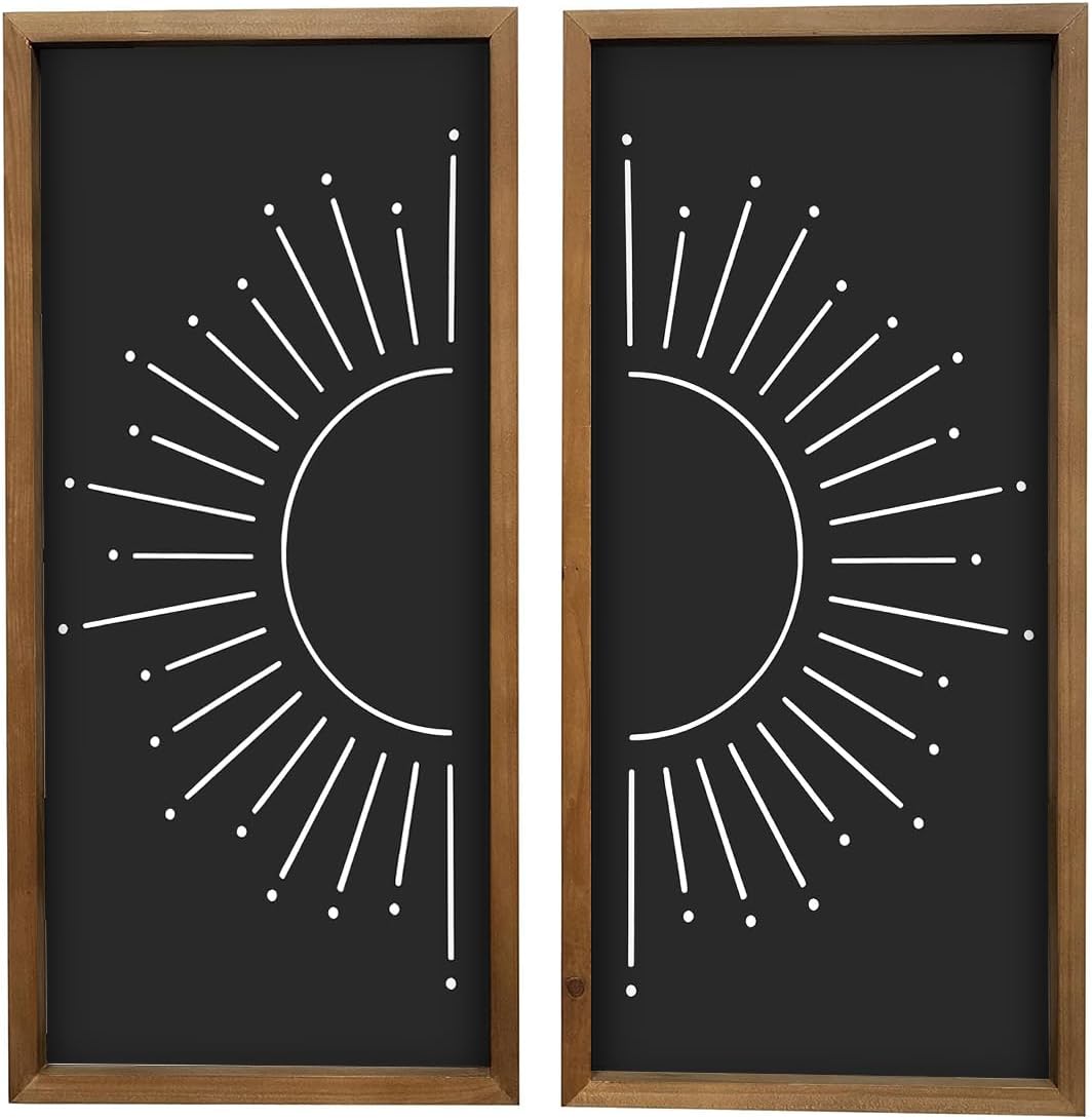 flangairy 2pcs Boho Wall Decor With Wood Framed, Wooden White And Black Sun Wall Art, Minimalist Bedroom Bathroom Living Room Rustic Farmhouse Decorations For Home