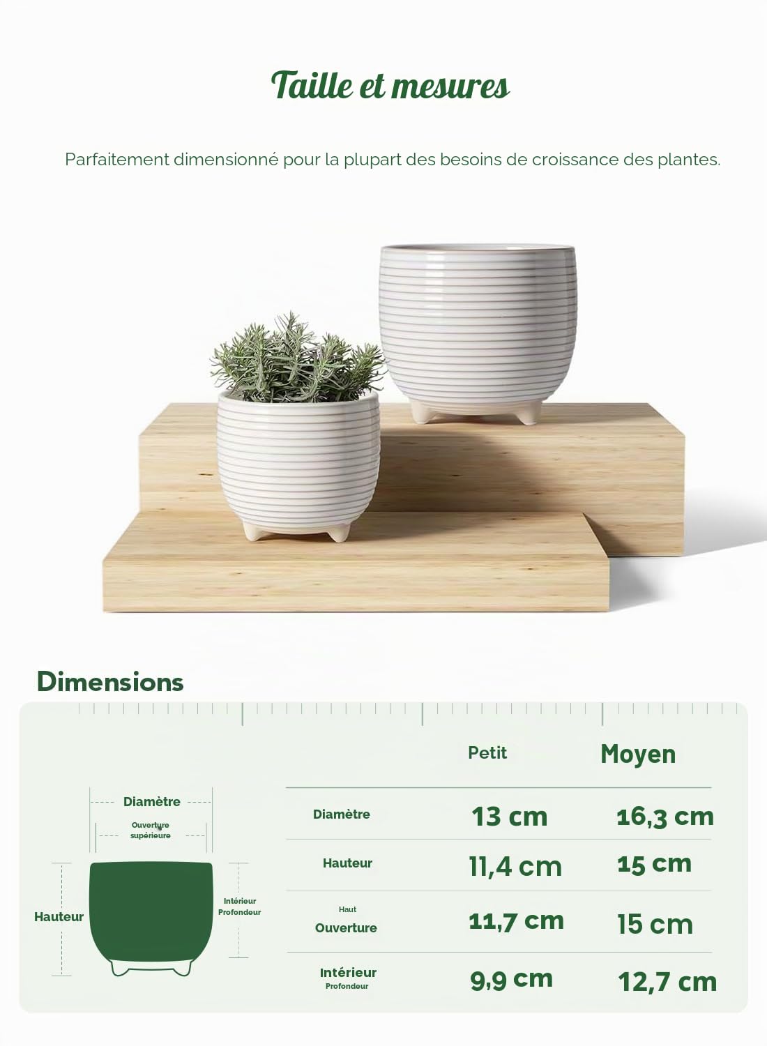 LE TAUCI Pot de Fleurs en Céramique, Pots sur Pieds 13+16 cm pour Plantes, Moderne pour la Maison et Le Bureau, Pot d’Intérieur avec Trou de Drainage, Blanc à Émail Réactif