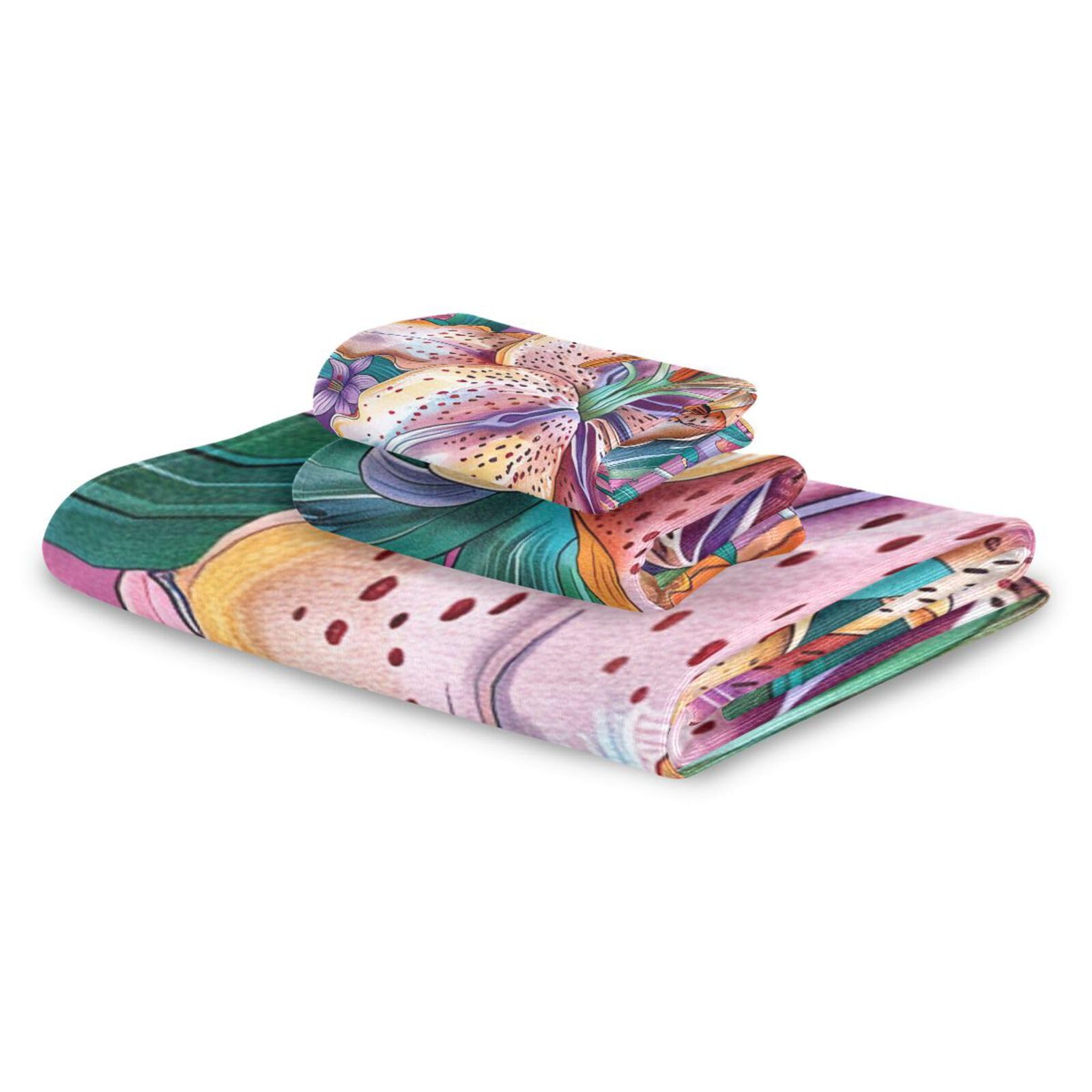 Set di 3 asciugamani morbidi per il viso, motivo floreale, stile bohémien, con motivo floreale, 1 asciugamano da bagno, 1 asciugamano per le mani, 1 panno per yoga, bagno e cucina