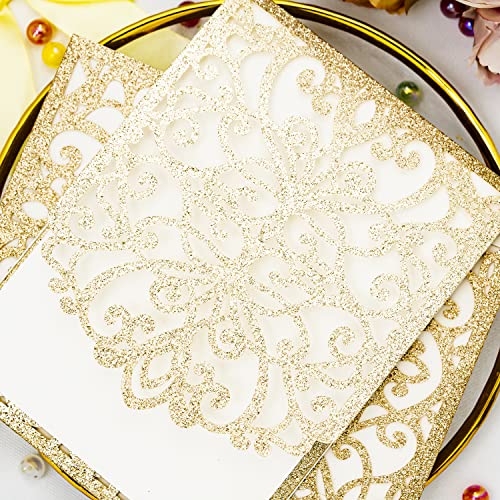 Builcker 20Pcs Set Laser Cutting Gold Glitter Invitation Card Greeting Card Graduation Party Wedding Birthday Party Hollow Invitations Flip Invitation Pocket With Envelope (Gold Glitter) #TOP6