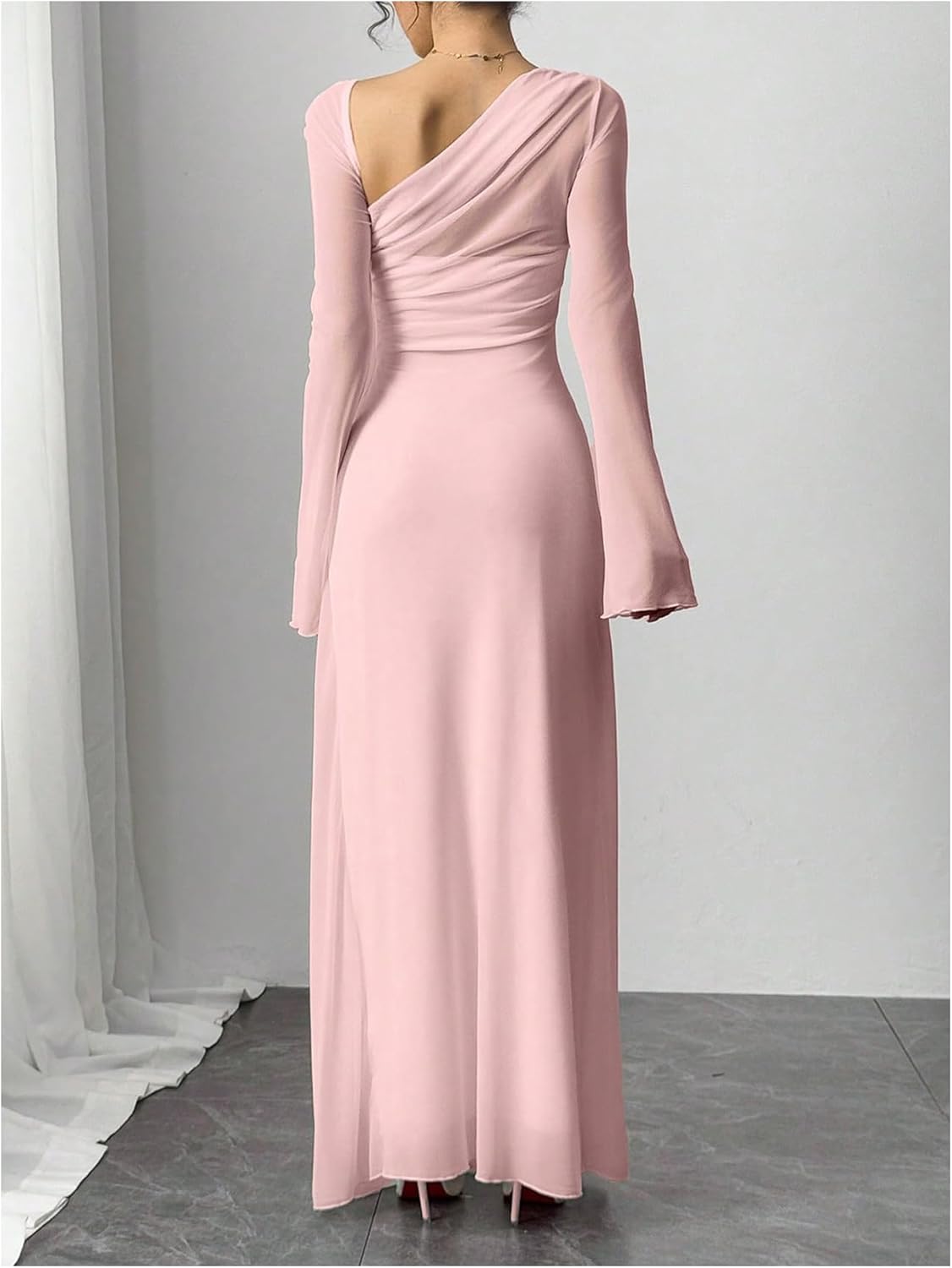 GORGLITTER Women's Mesh Sheer Bell Long Sleeve Maxi Dress Prom Wedding Guest Dress Slip Party Cocktail Slimming Dresses - Image 2