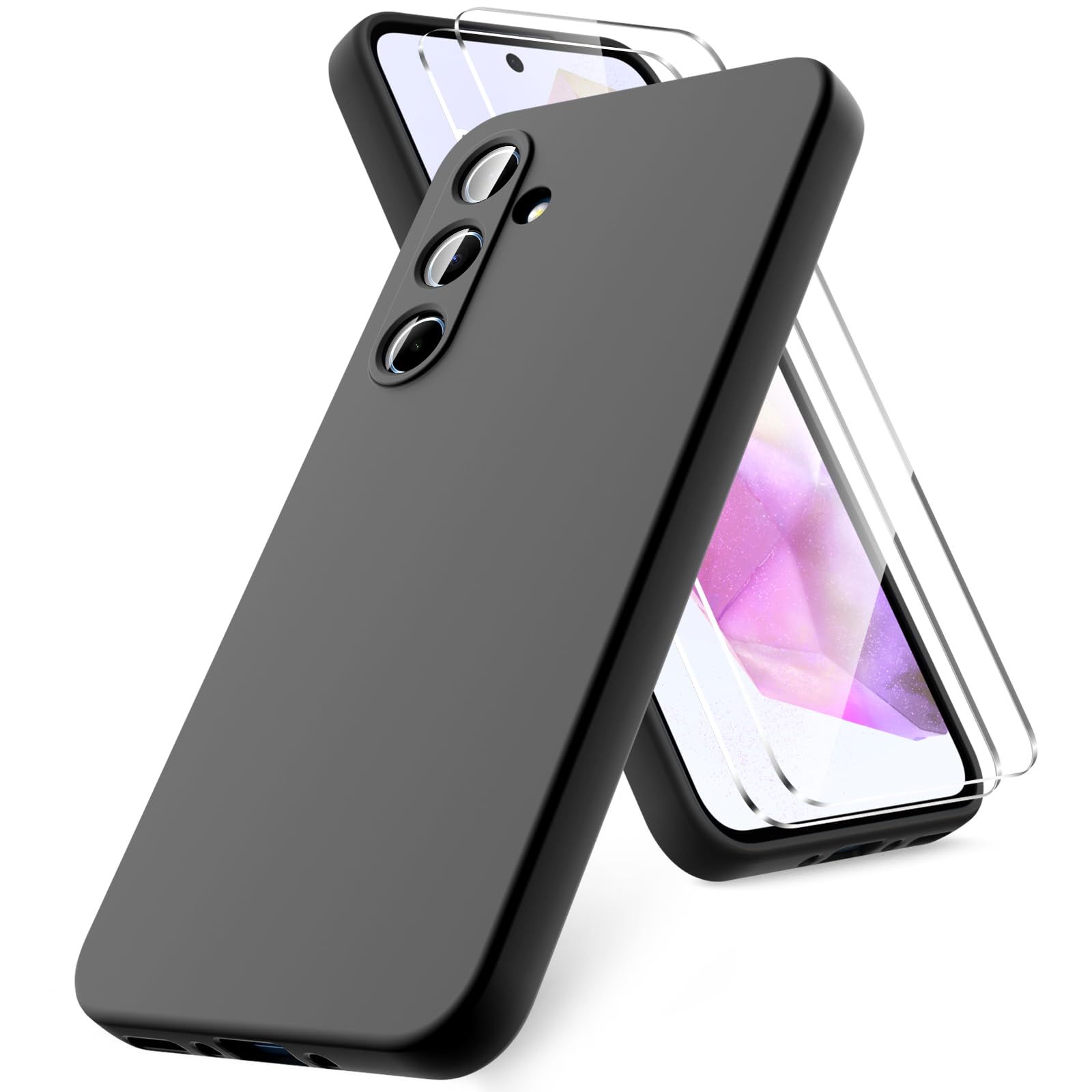 Vansdon Cover Compatibile con Samsung Galaxy A35 5G, 2 Pellicola Protettiva in Vetro Temperato, Gomma Gel di Silicone Liquida Antiurto Custodia - Nero