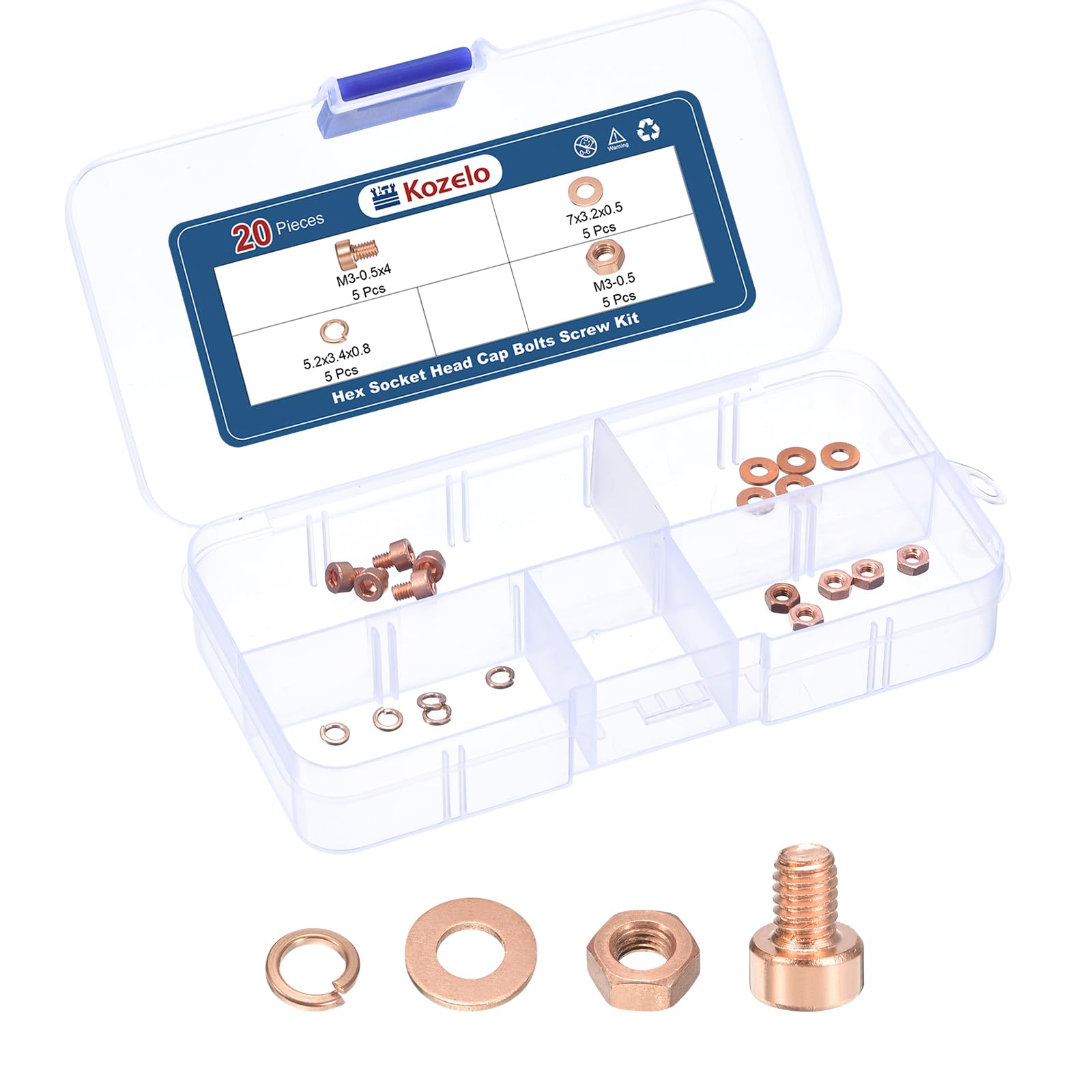 Kozelo 20pcs M3 Socket Head Cap Screws Bolts Nuts Assortment Kit - [M3-0.5x4mm] Red Copper Fully Threaded Hex Screw for 3D Printer Use