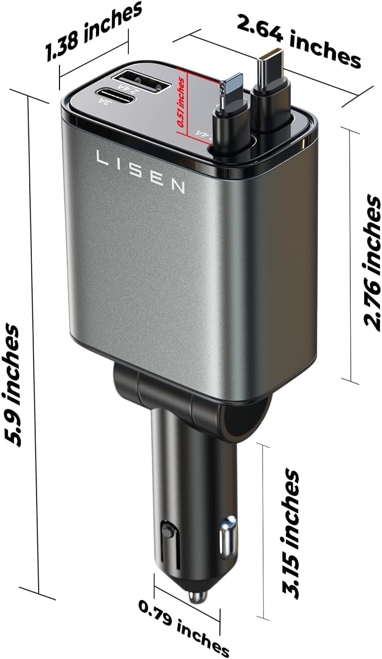 LISEN 69W Retractable Car Charger USB C Fast Charger Adapter for iPhone 17 Pro Max, Car Accessories for Valentines Day Gifts for Men Women Birthday Gifts for Him, RV Camping Essentials Stuff Gadgets - Image 8