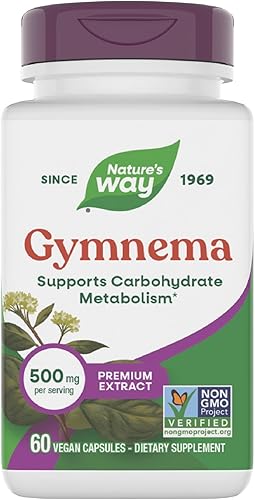 Nature's Way Gymnema Extracto Premium, apoya el metabolismo de los carbohidratos*, 500 mg por porción, proyecto verificado sin OMG, 60 cápsulas