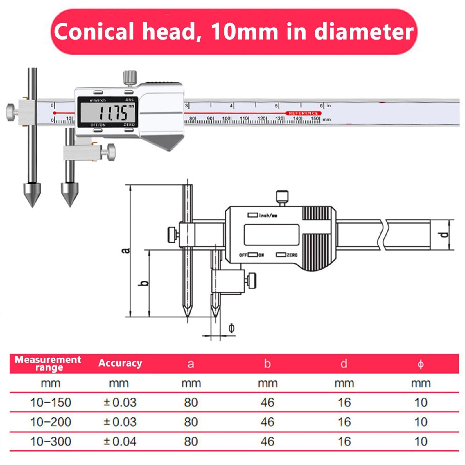 Calibrador digital, calibrador de distancia central | Acero inoxidable, rango de medición 5-300 mm, precisión de 0,01 mm, con interruptor de mm/pulgada(10-300mm)