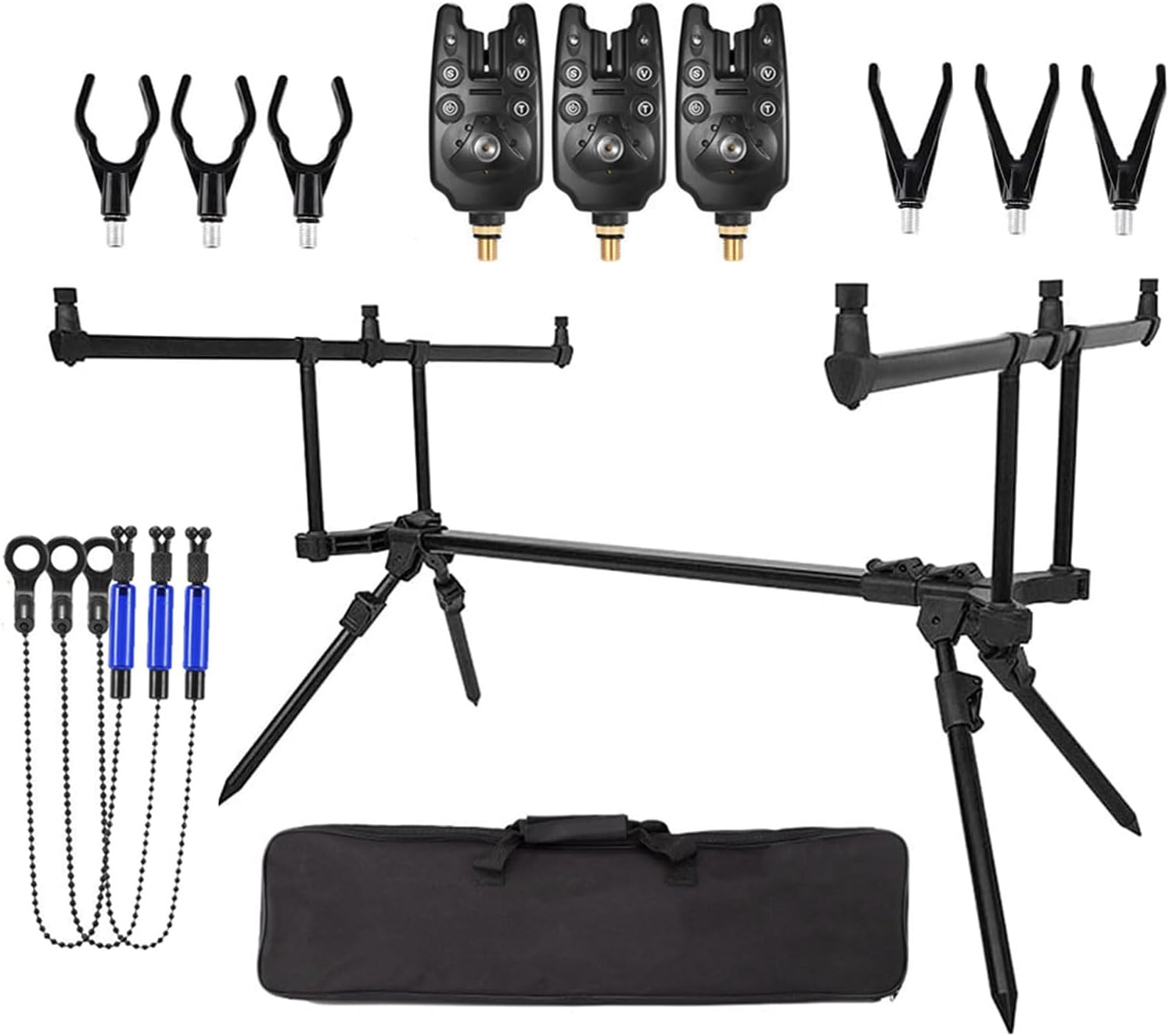 Adjustable Retractable Carp Fishing Rod Stand Holder, Fishing Rod Pod Carp Stand with 3 Fishing Bite Alarms 3 PCS Fishing Bait Swinger Fishing Tackle Set Fishing Accessories