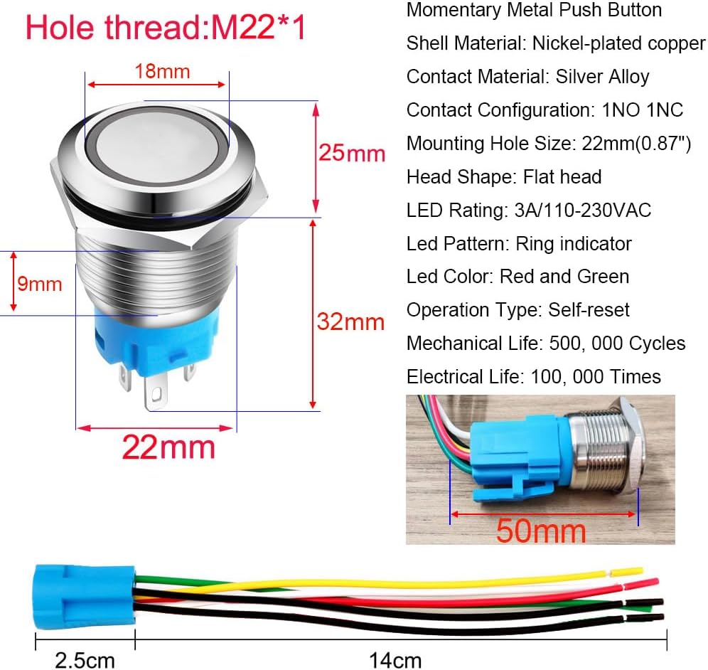 Dimensional drawing of Gebildet 22mm Momentary Push Button