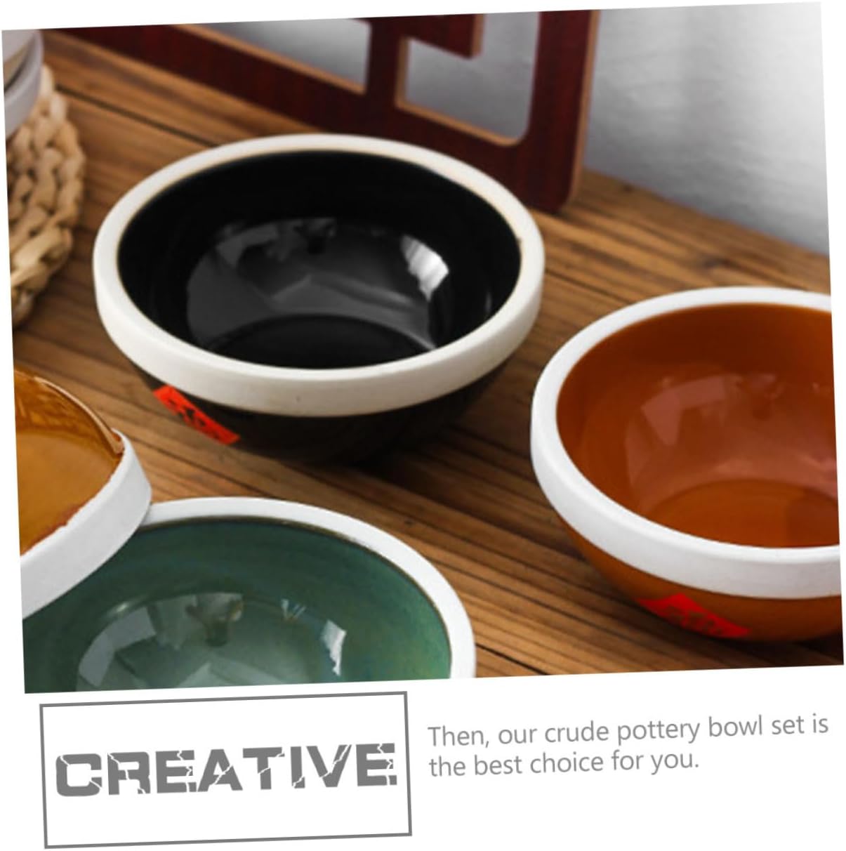 NUOBESTY 4pcs Vintage Fu Character Rice Bowls Set 4.5-inch Handmade Pottery Bowls for Chinese Style Dining, Rustic Black and Antique Copper, Suitable for Home, Restaurant, and Hotel Use