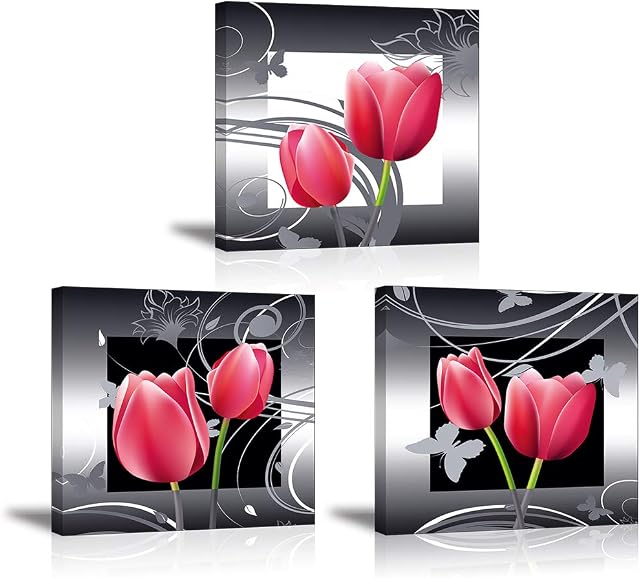 Piy Painting 3x Canvas Painting of Red Elegant Tulips Bloom Modern Beautiful Flower Wall Art Picture on Canvas Photo image with Frame Waterproof Wall Décor for Home as Birthday Gift Present 30x30cm