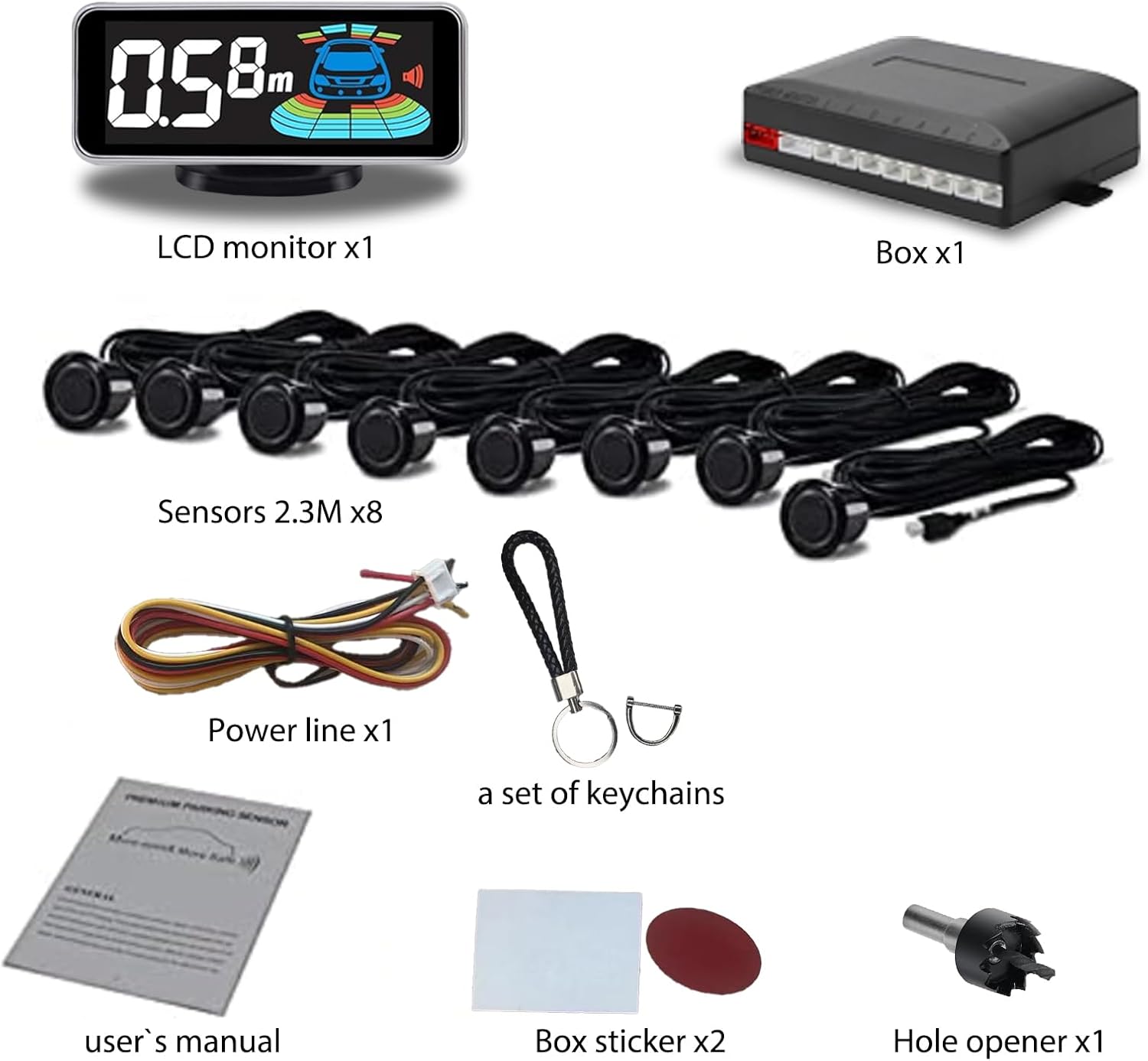Backup Parktronic System Car Auto Vehicle Reverse with 8 Parking Sensors kit, LCD Display, Distance Detection (Meter/Foot Switchable), Buzzer Alarm and Voice Prompt Function（Black）