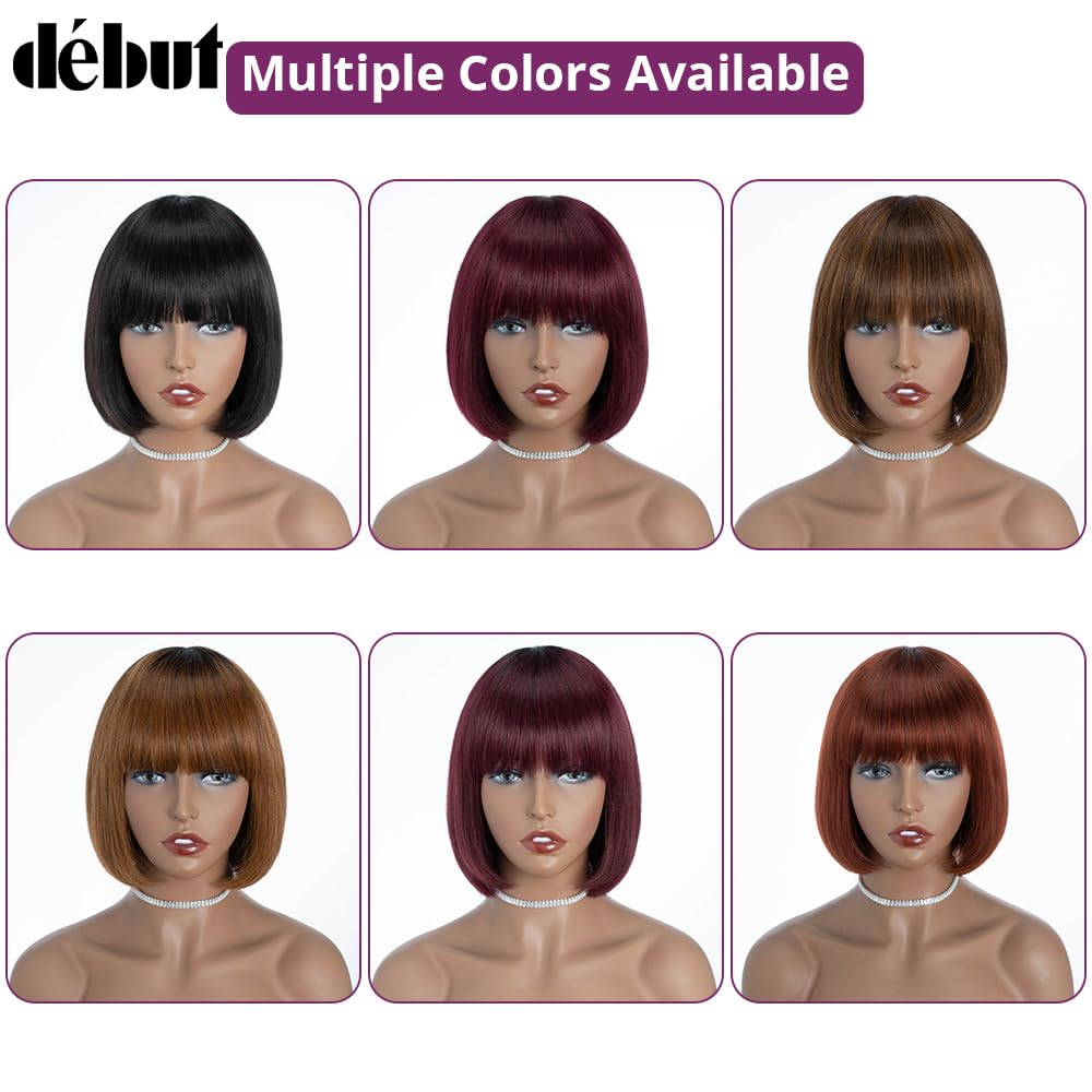 DÉBUT Reddish Brown Short Bob Straight Human Hair Wigs with Bangs, Glueless Wear and Go Wig Brazilian Virgin Hair, Non Lace Front Wigs for Women Daily Use 8 Inches