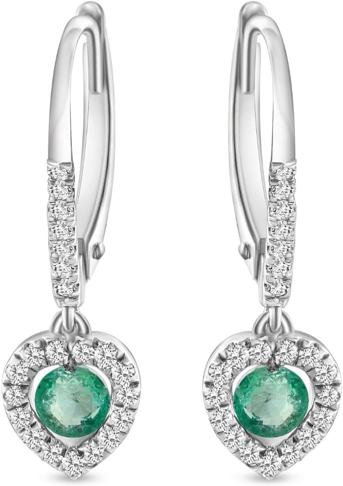 Pompeii 5/8Ct TW Emerald Lever Back Dangle Hoops White Gold Heart Earrings 3/4" Tall