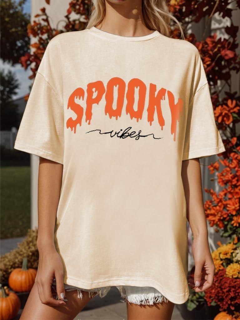 Halloween Shirts for Women Spooky Season Shirt Graphic Letter Print Oversized T Shirt Vintage Short Sleeve Tees Tops - Image 2