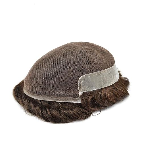 Miniatura 5 de Pelo humano para hombre Toupee French Lace Front Natural Hairline postizos de color marrón medio sistema de reemplazo de cabello virginal para