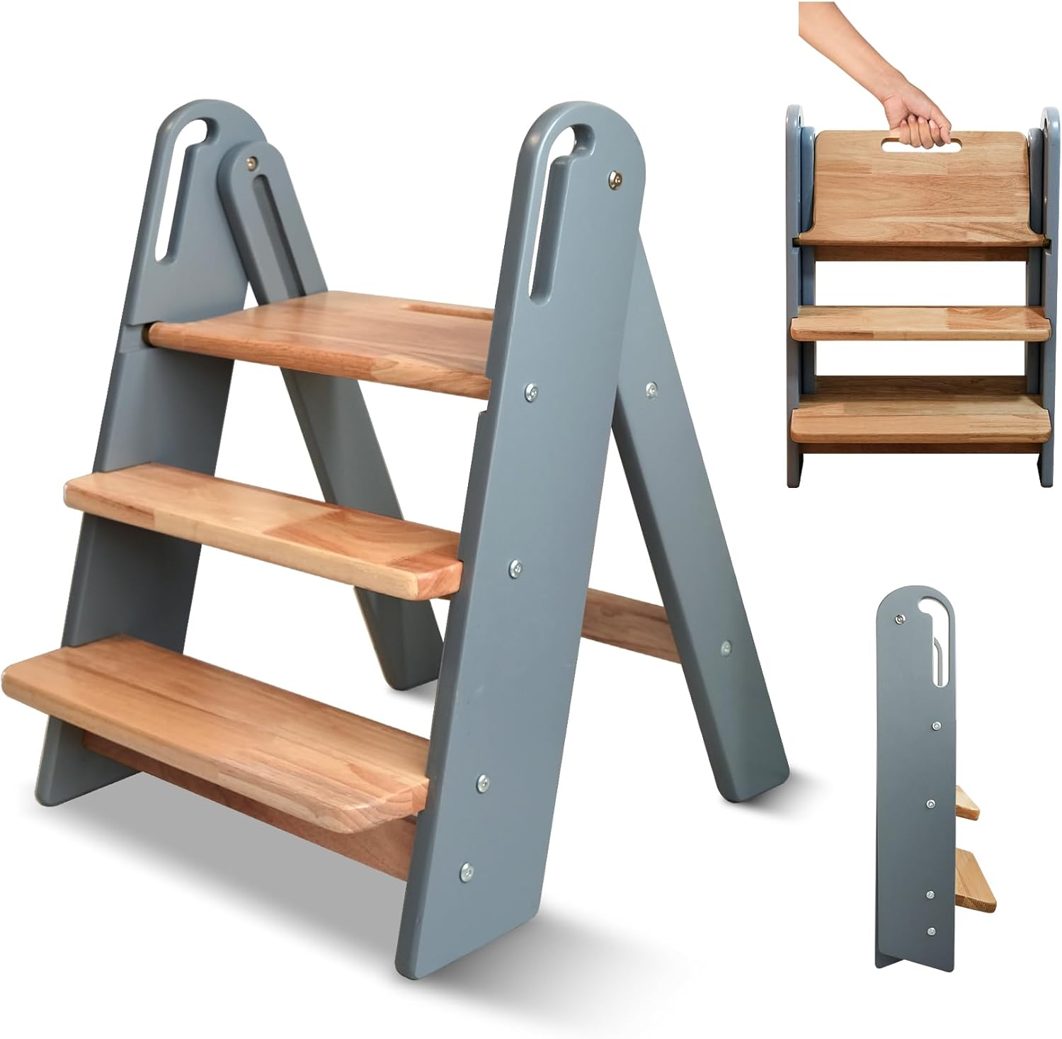 Step Stool for Toddler, 3-Step Kids Step Stool for Bathroom Sink, Foldable Toilet Potty Training Stool with Handles, Child Kitchen Counter Stool Helper Wooden Ladder for Toddlers