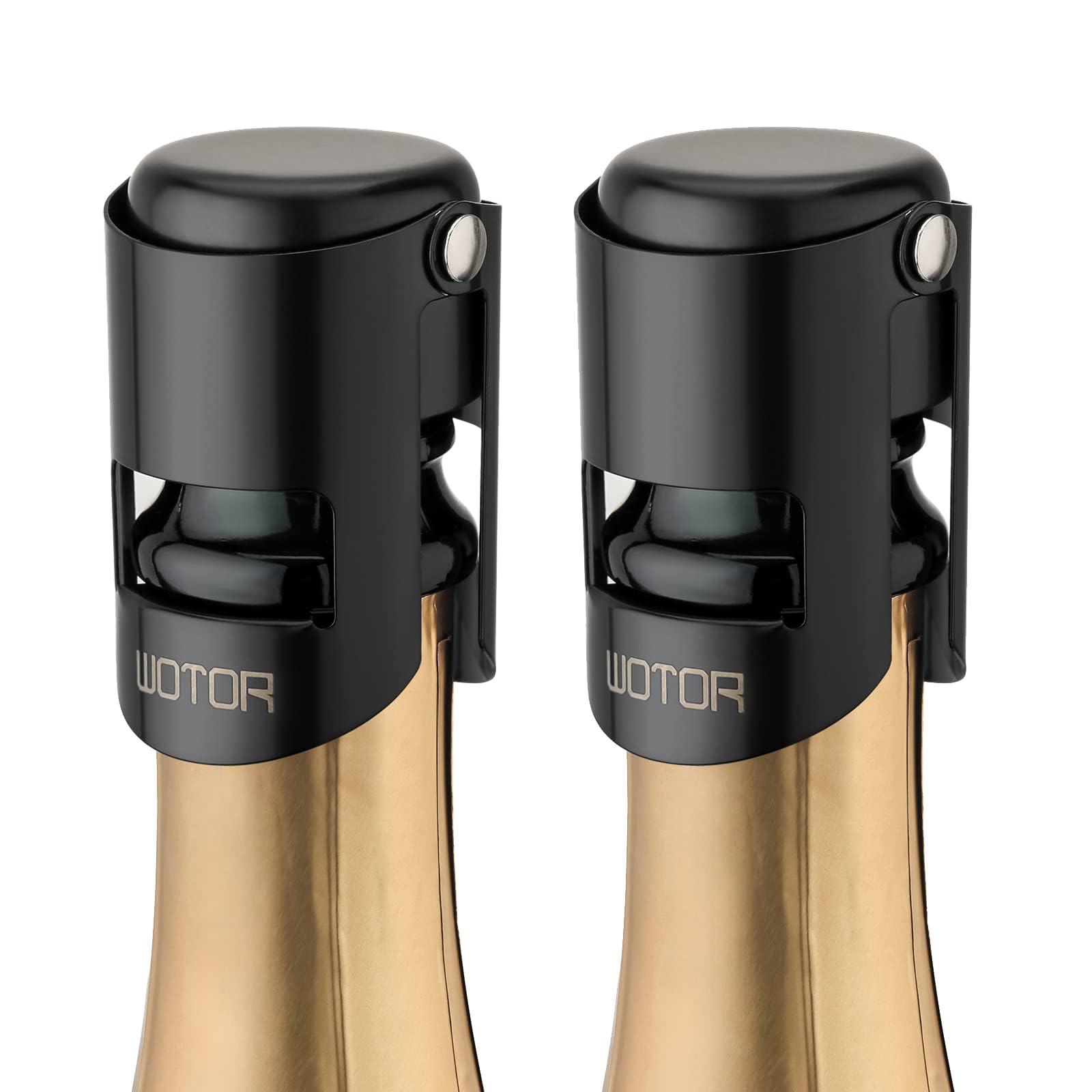 WOTOR Champagne Bottle Stoppers, Stainless Steel, 2 Pack (Black)
