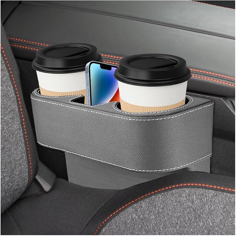 Kit com 2 Organizadores para Vão do Banco do Carro Sbulhia com Porta-copos e Compartimento, Couro Sintético, Cinza
