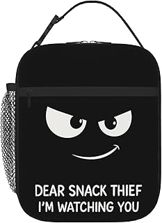 Dear Snack Thief I’m Watching You Funny Insulated Lunch Box, Black Reusable Lunch Bag Tote with Sneaky Face for Adults Teens Kids, Lunchbox with Detachable Handle for Work Office School