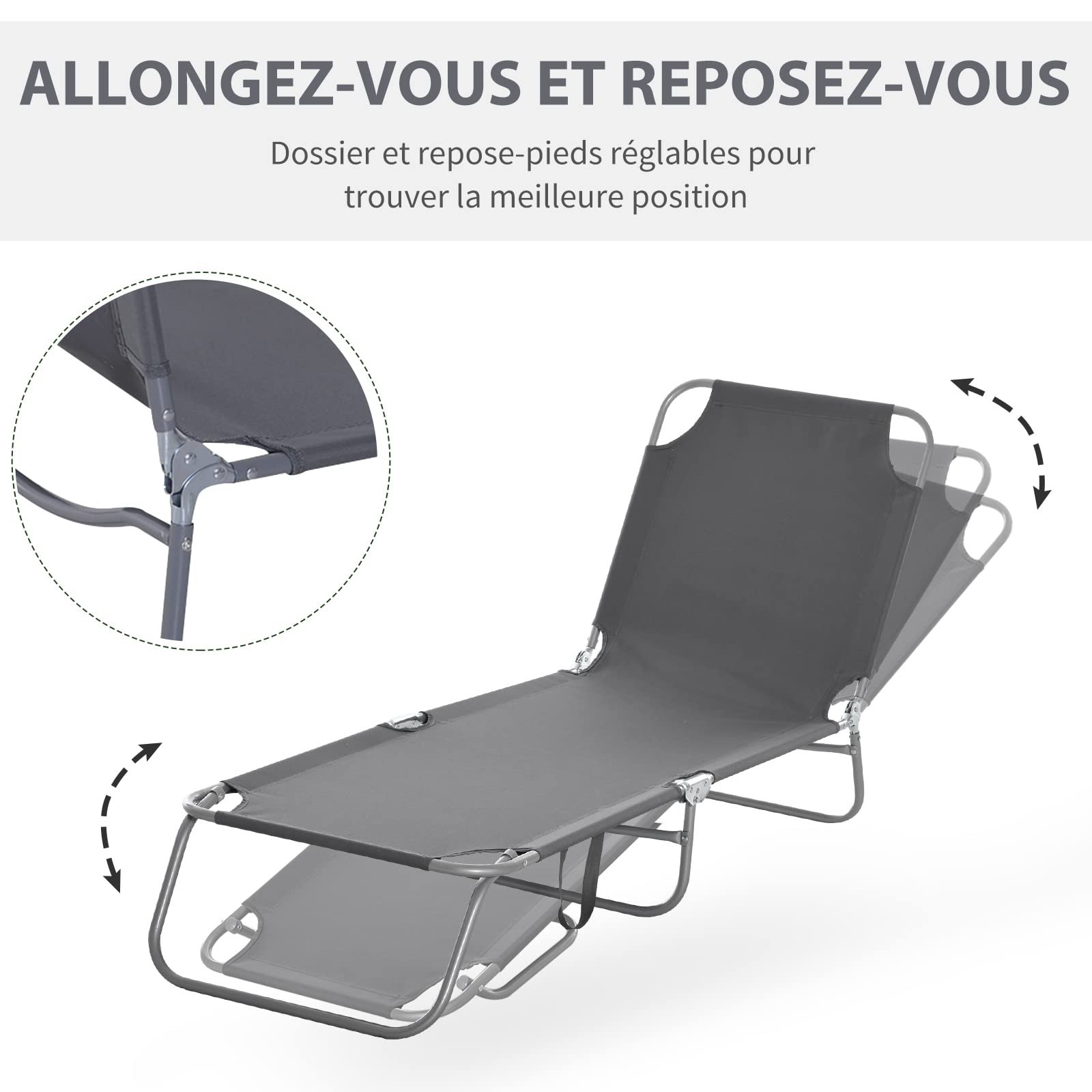 Outsunny Bain de Soleil transat Pliable Dossier réglable Multipositions métal et Polyester Gris