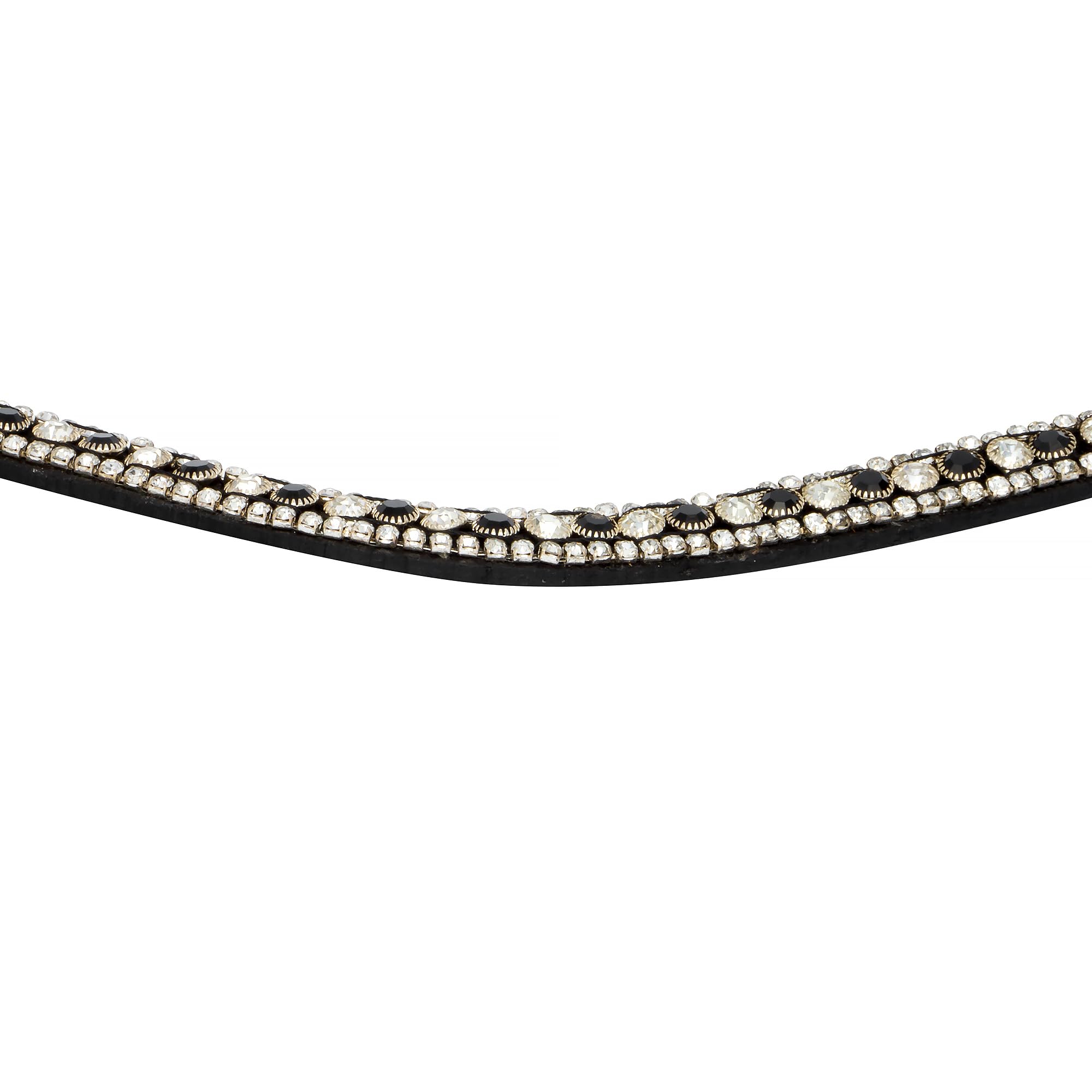Stirnriemen Pferd Leder geschwungen Kristall Glitzer gepolstert Stirnband Zaumzeug – elegant für Dressur & Show – Hebe (Schwarz/Silber, Pony)