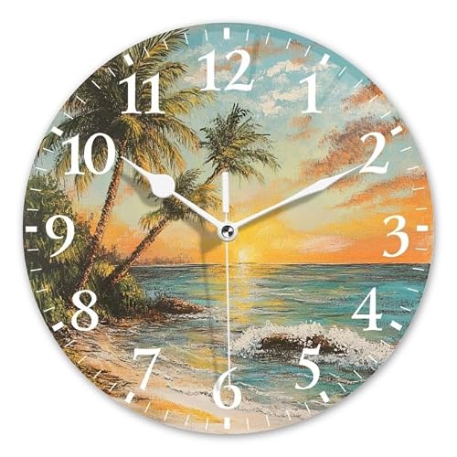 DTOIVSAT Battery Operated Round Wall Clock Non-Ticking Silent Analog Clcok Decorative for Living Room,Office,Kitchen-Beach and Palm Trees in A Vivid(12inch)