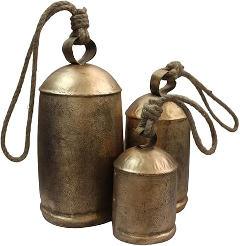 Mango Gifts Giant Harmony - Campanas de vaca vintage hechas a mano decoración de Navidad juego de 3 piezas dorado