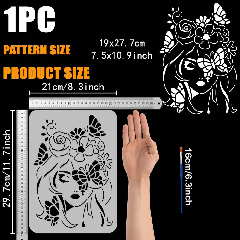 FINGERINSPIRE Abstract Floral Female Faces Stencil 11.7x8.3inch Reusable Women Face Stencil Flowers Women Pattern Decoration For Painting On Wall, Furniture, Fabric, Wood And Paper