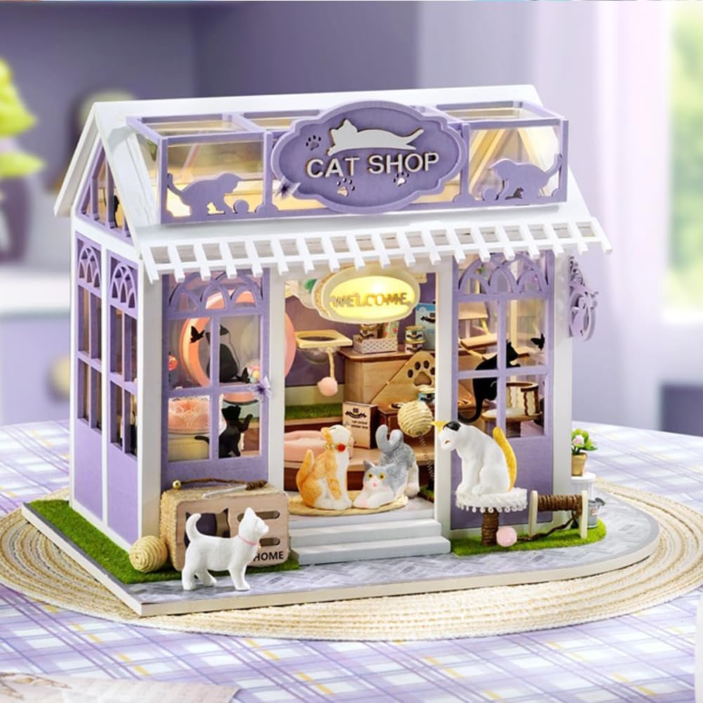 Kit fai da te in miniatura per casa delle bambole con luci a LED, negozio di gatti fai da te, in legno, per adulti, per costruire la casa delle bambole, decorazione per la casa, regalo di compleanno