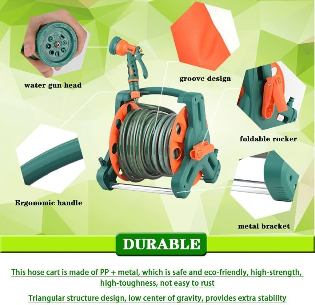 Heavy Duty Hose Reel Cart With PVC Hose And 8-Pattern Spray Gun, Portable & Wall-Mount Garden Watering Tool