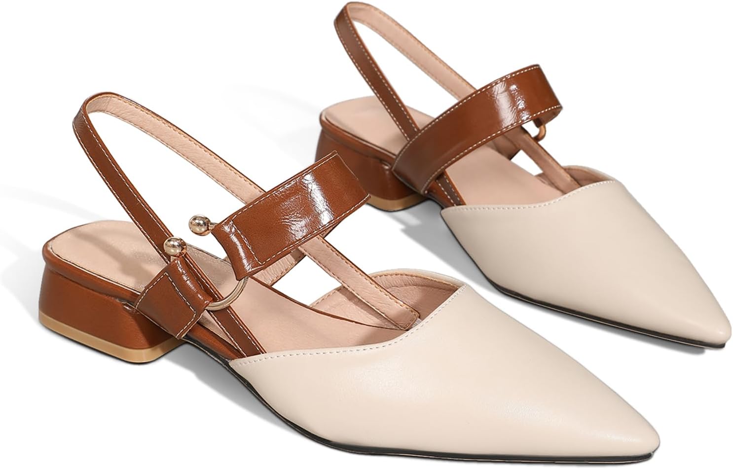 Women's Cross Strap Low Block Chunky Heeled Slingback Pumps, Cute Metal Ring Closed Pointed Toe Sandals Heels for Women Casual Dress Slip On Shoes