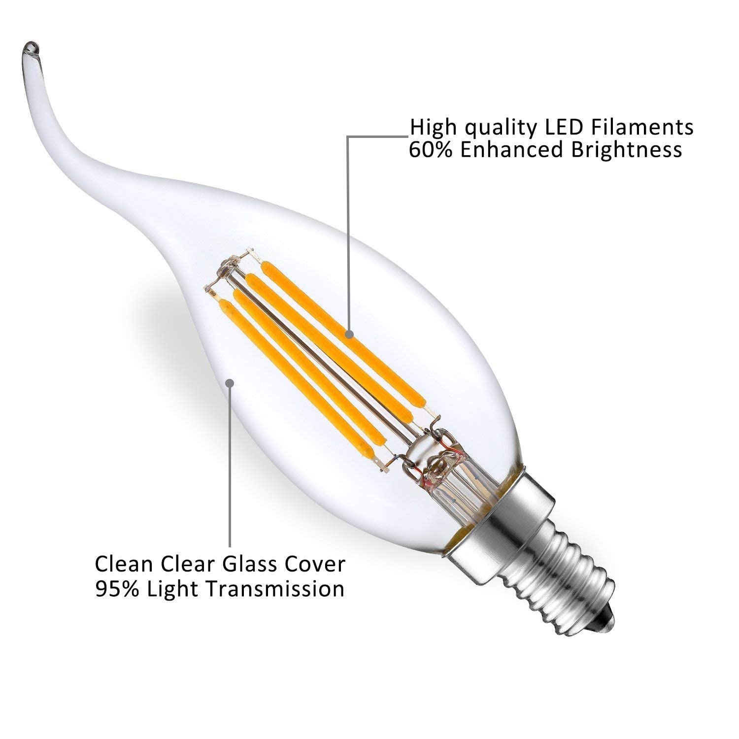 YSJX lighting, Paquete de 50 bombillas de filamento Led AC220V C35L 4W E14 bombillas de vela LED blanco cálido 2700K lámpara Led Vintage Bombillas para el hogar
