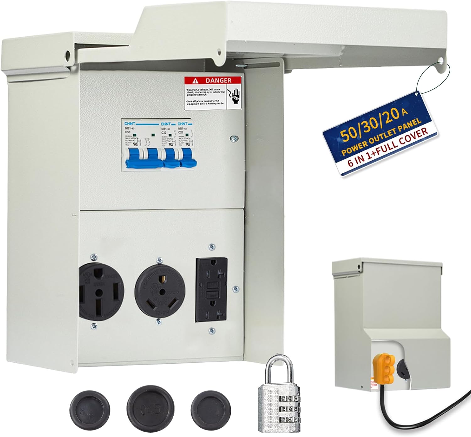 20-30-50 Amp RV Electrical Panel Box - 30 Amp Weatherproof RV Plug Outlet, Prewired EV Breaker Box with Receptacle