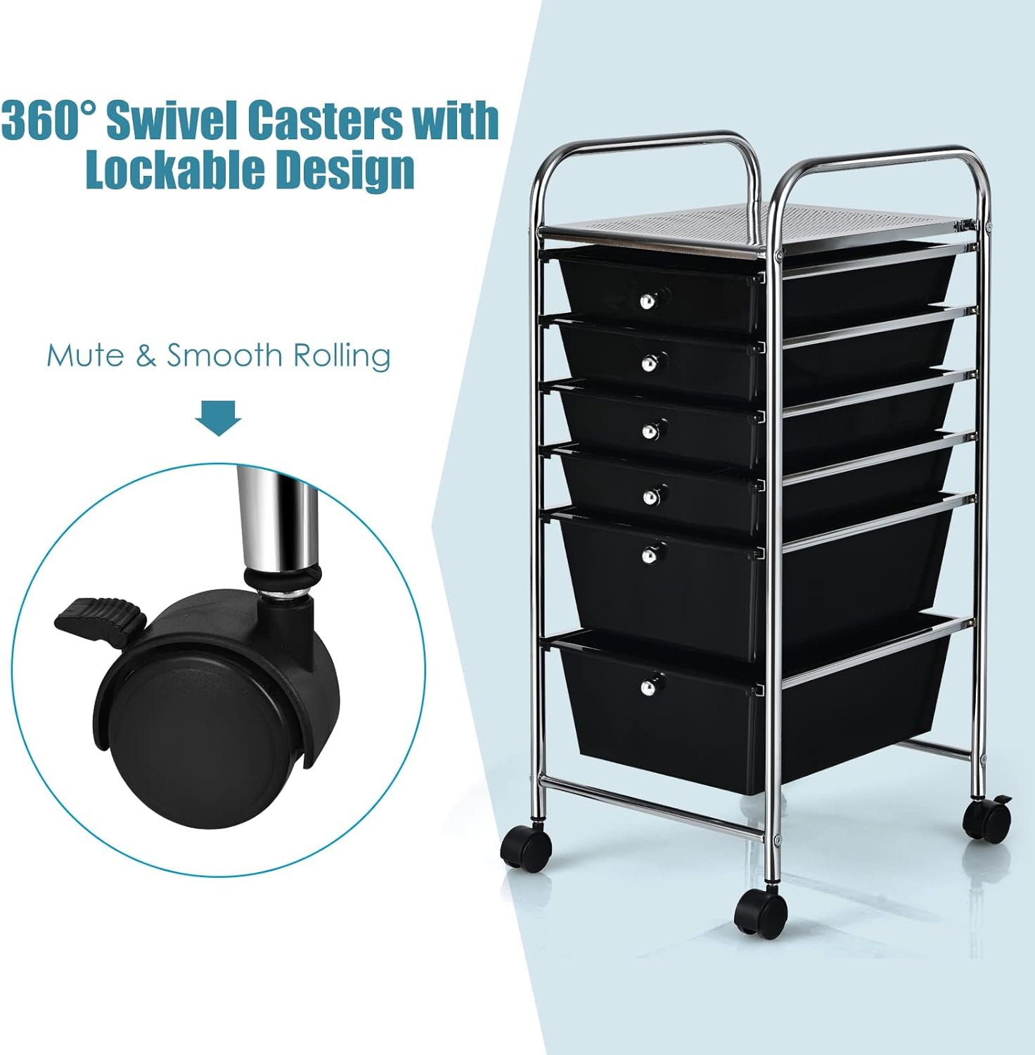 LDAILY 6 Drawers Rolling Storage Cart, Mobile Utility Drawer Cart, Storage Trolley with Lockable Wheels, 6 Tiers Multifunctional Storage Organizer, Ideal for Office, School, Home (Black)
