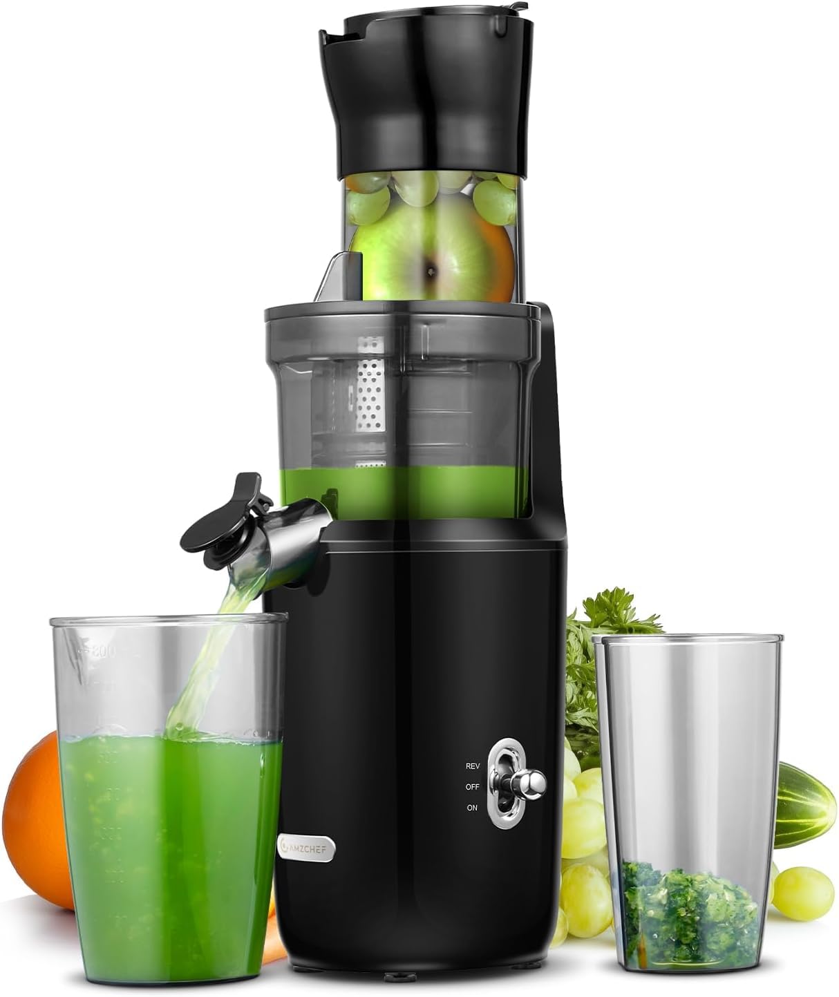 AMZCHEF Licuadora Para Verduras y Frutas Enteras - 200W Extractor De Zumos y Verdura - Licuadora Prensado En Frío Con La Mejora De Barrena, Filtro De Doble Capa, 2 Tazas, Motor Silencioso - Negro