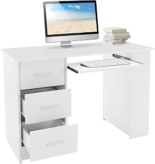 ML-Design Desk with 3 Drawers, 3 Shelves and Keyboard Box, 110x49x75cm, White Storage Space, 3 Shelves Work Table Office Desk Office Furniture Computer Desk Laptop Table PC Table, for Home/Office