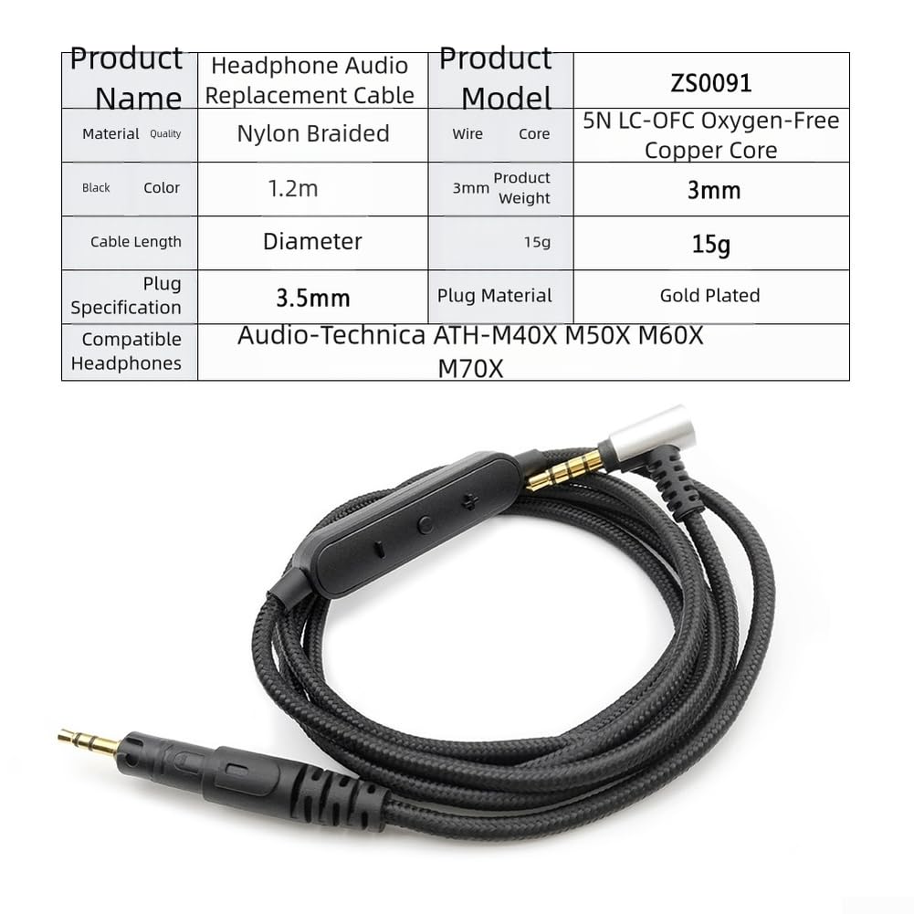 Cable de audio de repuesto para ATH-M40x M50x M60x M70x 3,5 mm chapado en oro de nailon trenzado (1,2 m)