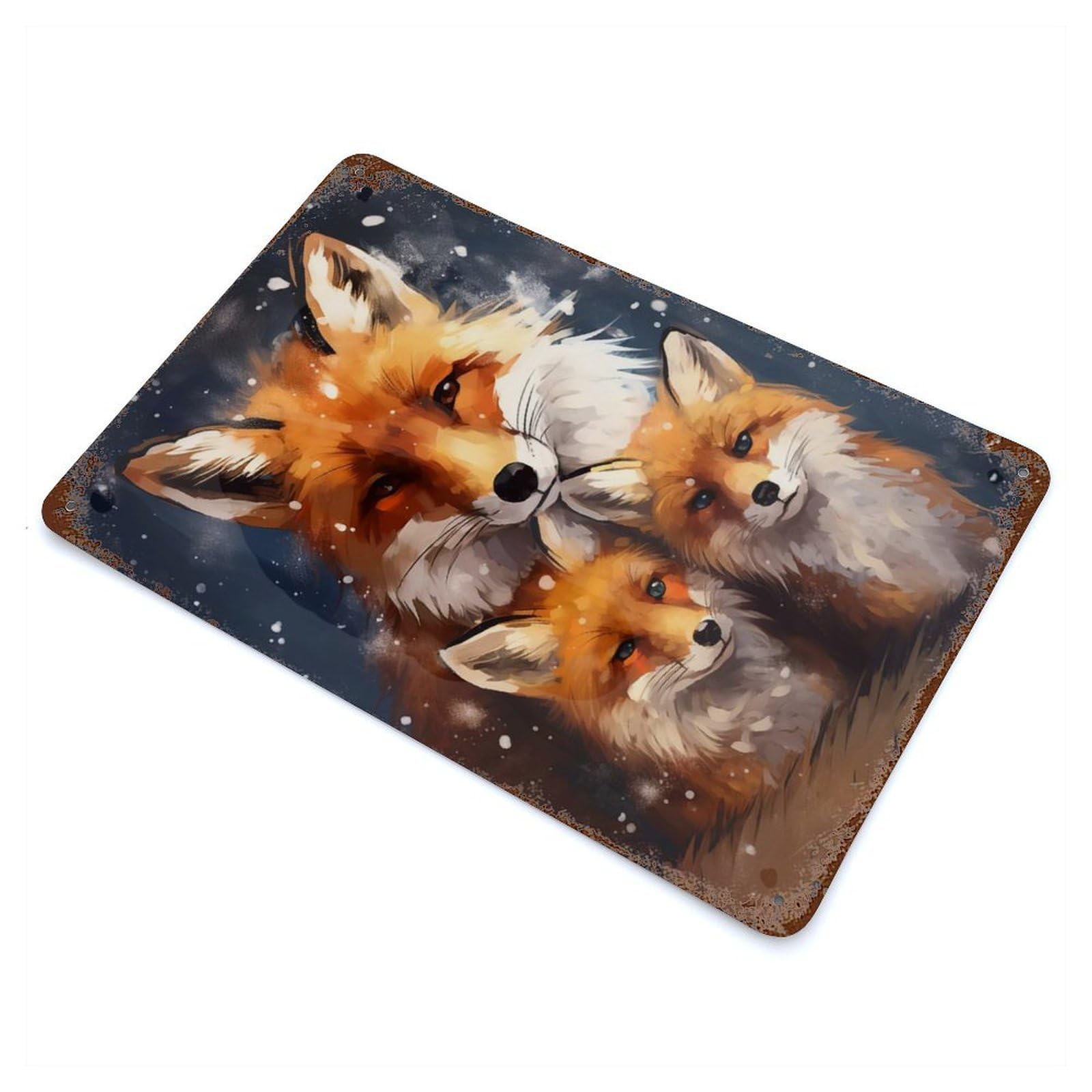 Weathered Tin Sign with Merry Xmas Fox Family Design 11.8"x7.9", for Basement, Hobby Room And Garage Decor, Industrial Home Decor