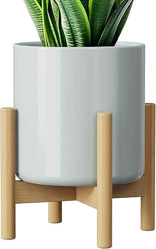 Miniatura 7 de Maceta de cerámica de 6.5 pulgadas con soporte, incluye orificio de drenaje y platillo, maceta de escritorio moderna de mediados de siglo para