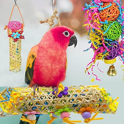 BIPY 12PCS Bird Chewing Toys Natural Cuttlefish Bone for Parrot Shredding Loofah Foraging Cage Toy with Rattan Ball Pet Birds Stand Toys for Parrots Parakeets Budgie Cockatiels Macaws