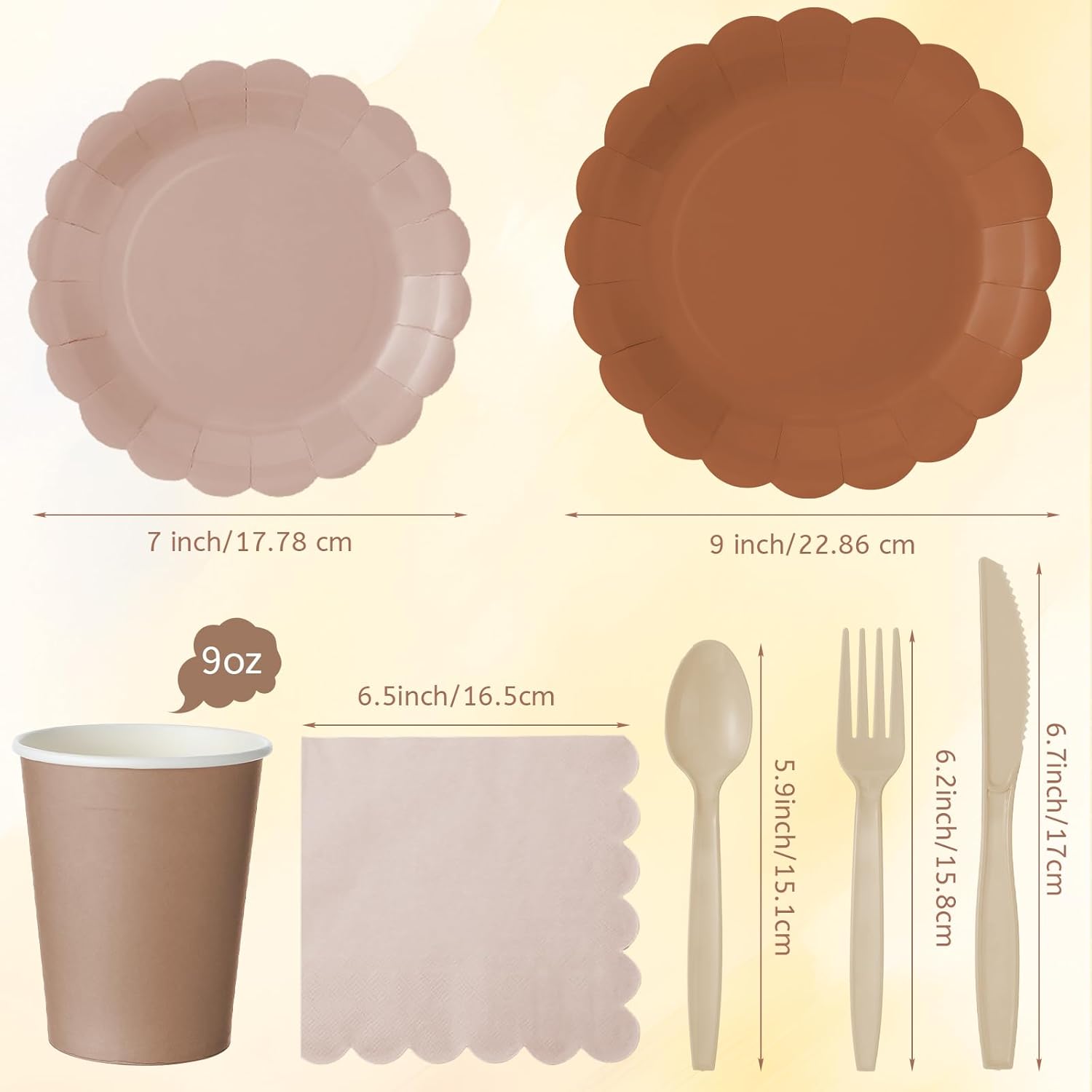 Yaomiao 175 Pcs Brown Paper Plates Boho Disposable Dinnerware Sets with Plastic Knife Fork Spoon Boho Bridal Shower Wedding Decorations Brown Party Supplies Disposable Tableware Set Serve 25 Guests